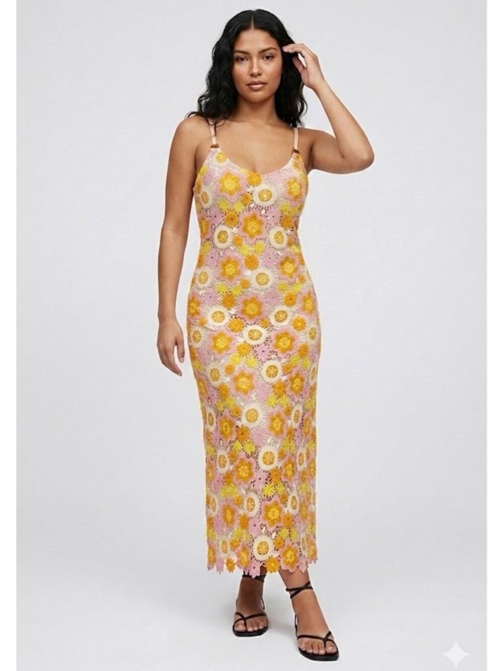 ZARA Crochet Floral Maxi Dress Sz S Spaghetti Straps Floral Boho